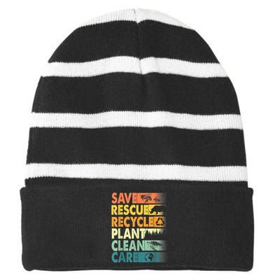 Earth Day Save Bees Recycle Plastics Rescue Animals Striped Beanie with Solid Band