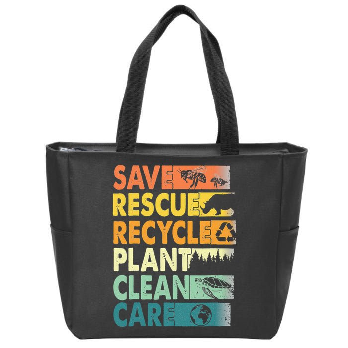 Earth Day Save Bees Recycle Plastics Rescue Animals Zip Tote Bag