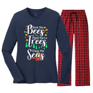 Earth Day Save The Bees Plant More Trees Clean The Seas Funny Women's Long Sleeve Flannel Pajama Set 