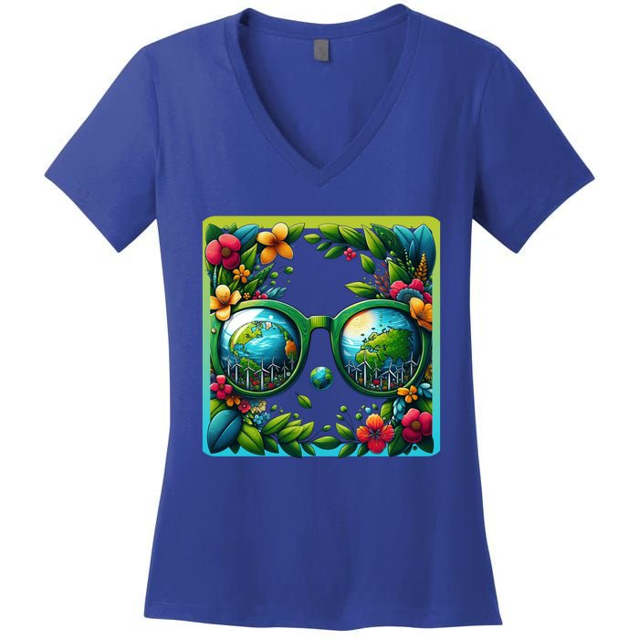 Earth Day Sunglass Wind Power Green Tree Climate Awareness Funny Gift Women's V-Neck T-Shirt