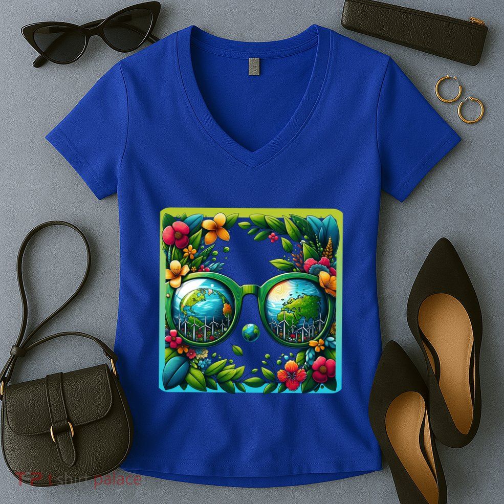 Earth Day Sunglass Wind Power Green Tree Climate Awareness Funny Gift Women's V-Neck T-Shirt