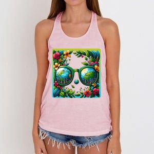 Earth Day Sunglass Wind Power Green Tree Climate Awareness Funny Gift Women's Knotted Racerback Tank