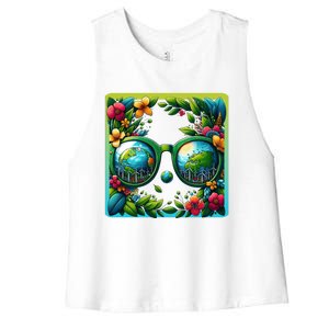 Earth Day Sunglass Wind Power Green Tree Climate Awareness Funny Gift Women's Racerback Cropped Tank