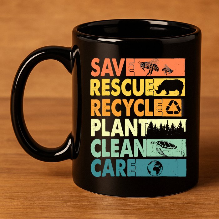 Earth Day Save Bees Recycle Plastics Rescue Animals 11oz C Handle Ceramic Mug