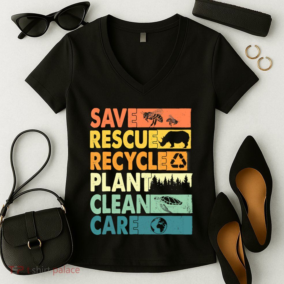 Earth Day Save Bees Recycle Plastics Rescue Animals Women's V-Neck T-Shirt