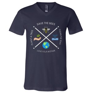 Earth Day Save The Bees Plant More Trees Clean The Seas V-Neck T-Shirt