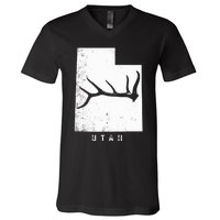 Elk & Deer Shed Antler Hunting Utah Map V-Neck T-Shirt