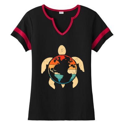 Earth Day Save Environment Cute Turtle Planet Protection Ladies Halftime Notch Neck Tee