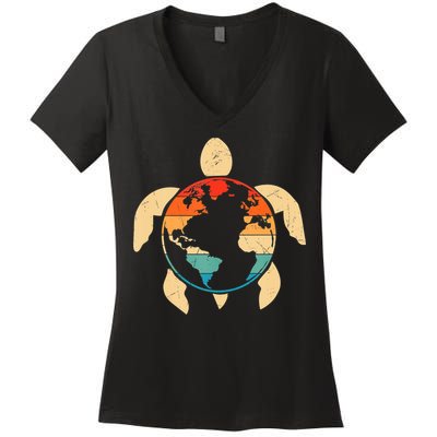Earth Day Save Environment Cute Turtle Planet Protection Women's V-Neck T-Shirt