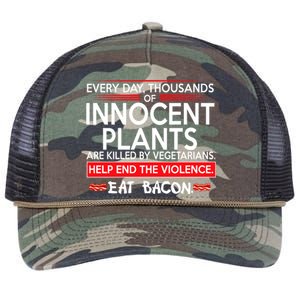 Every Day Thousands Of Innocent Plants Are Killed By Vegetarians Eat Bacon Retro Rope Trucker Hat Cap