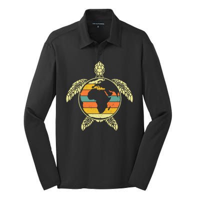 Earth Day Turtle Retro Silk Touch Performance Long Sleeve Polo