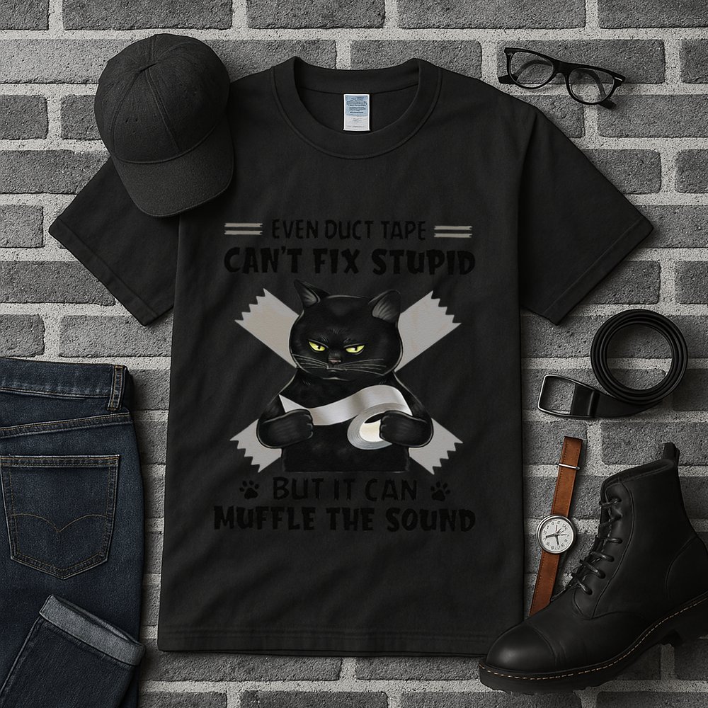 Even Duct Tape Cant Fix Stupid Funny Sarcastic Black Cat Tall T-Shirt