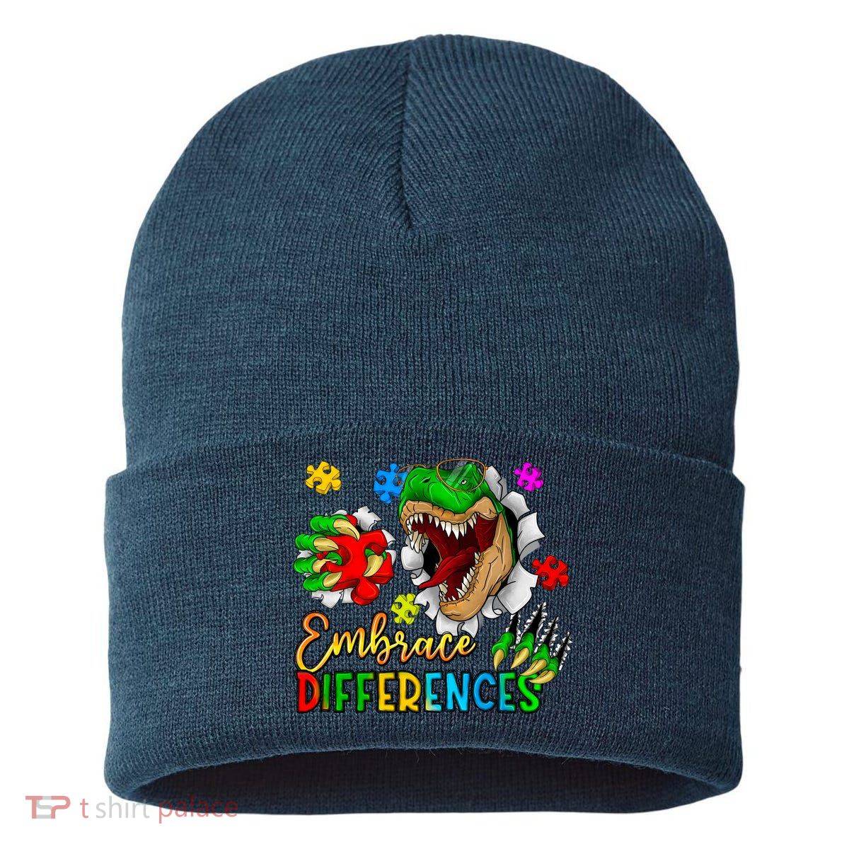 Embrace Differences T Rex Autism Design Sustainable Knit Beanie