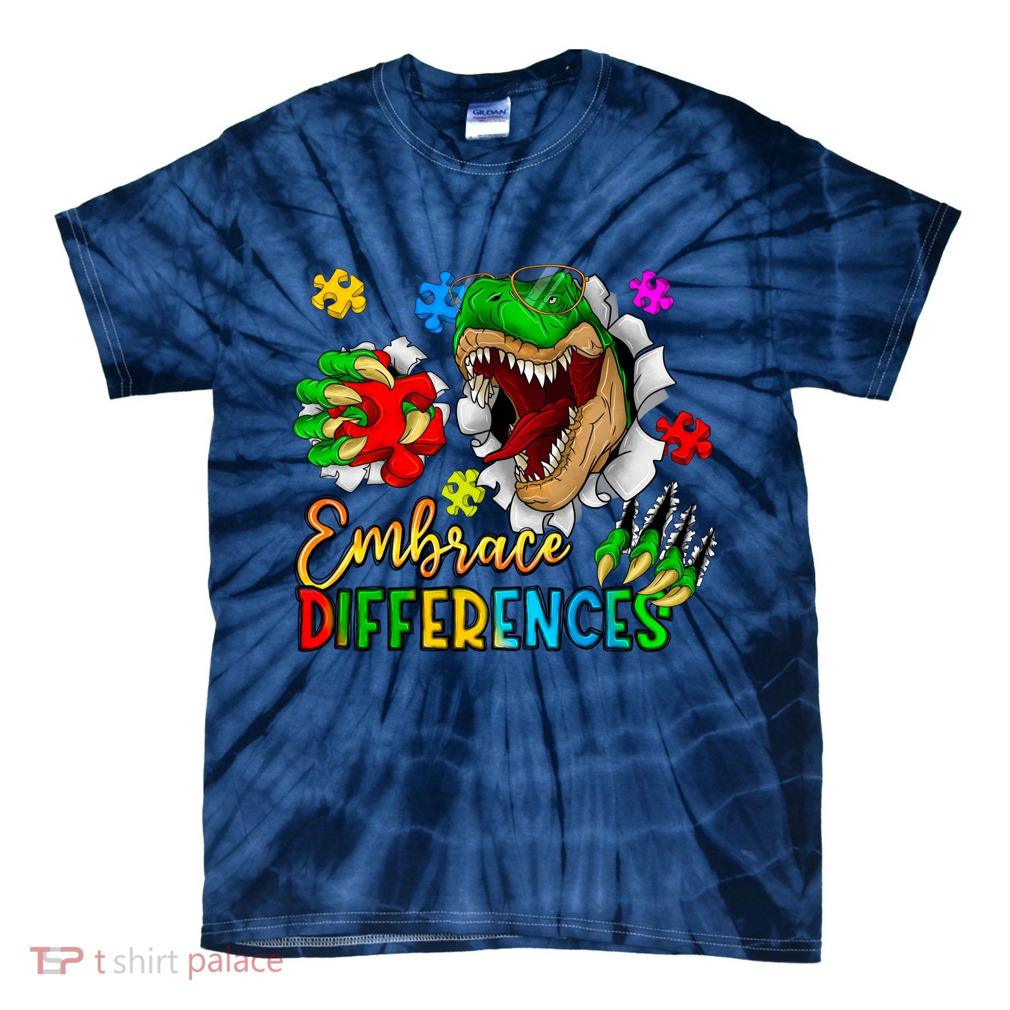Embrace Differences T Rex Autism Design Tie-Dye T-Shirt