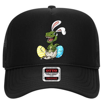 Easter Day T Rex With Bunny Ears Eggs Funny High Crown Mesh Back Trucker Hat