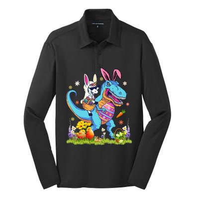 Easter Day Unicorn Riding T-rex Bunny Dinosaur Silk Touch Performance Long Sleeve Polo