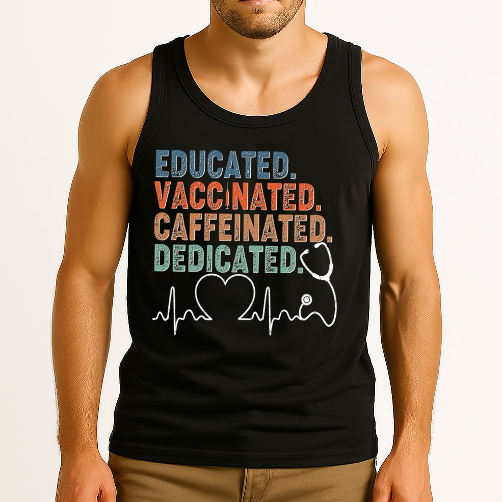 Educated Vaccinated Caffeinated Dedicated Heartbeat Stethoscope Tank Top