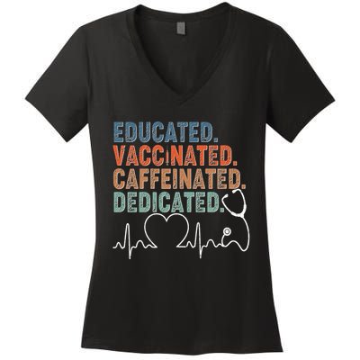 Educated Vaccinated Caffeinated Dedicated Heartbeat Stethoscope Women's V-Neck T-Shirt