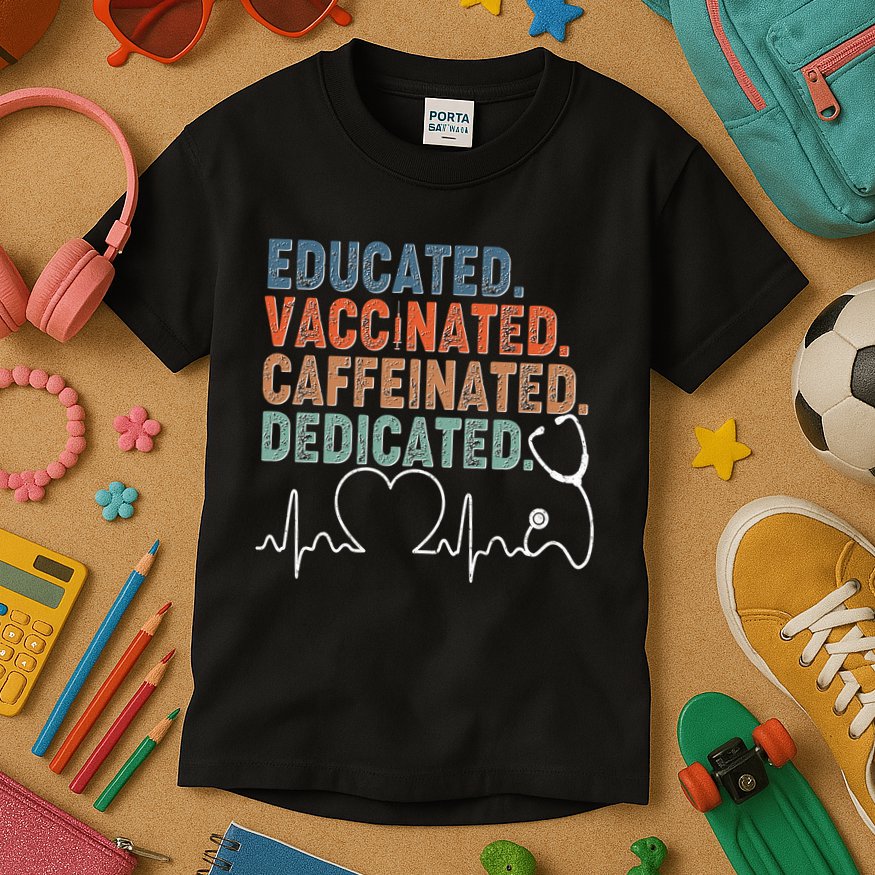 Educated Vaccinated Caffeinated Dedicated Heartbeat Stethoscope Kids T-Shirt