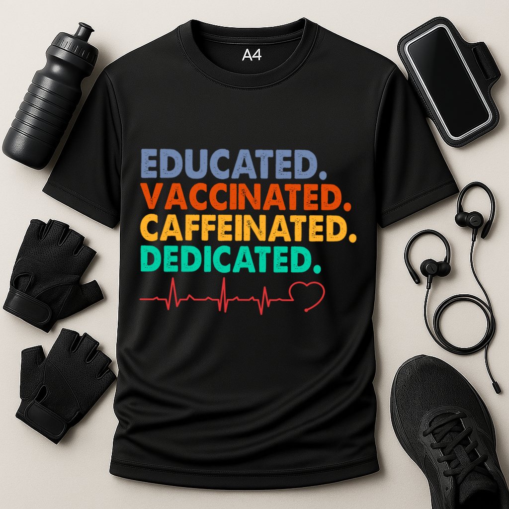 Educated Vaccinated Caffeinated Dedicated Nurse Cooling Performance Crew T-Shirt