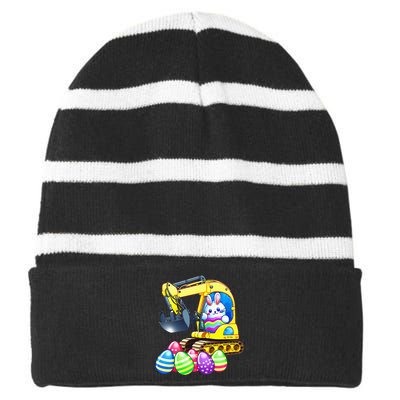 Eggs-Cavator Easter Bunny Rabbit Excavator Striped Beanie with Solid Band