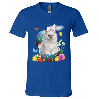 Easter Eggs Bir Bunny Cat Funny Gift Cat Dad Cat Mom Gift V-Neck T-Shirt