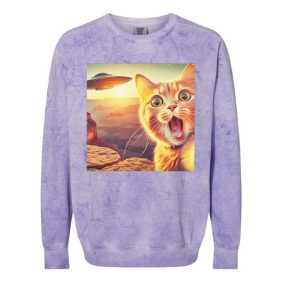 Extraterrestrial Encounter Funny Cat Selfie With Ufo Colorblast Crewneck Sweatshirt