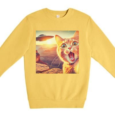 Extraterrestrial Encounter Funny Cat Selfie With Ufo Premium Crewneck Sweatshirt