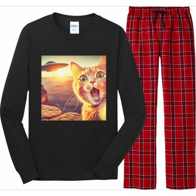 Extraterrestrial Encounter Funny Cat Selfie With Ufo Long Sleeve Pajama Set