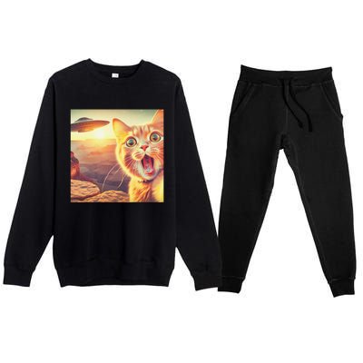 Extraterrestrial Encounter Funny Cat Selfie With Ufo Premium Crewneck Sweatsuit Set