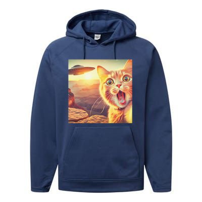 Extraterrestrial Encounter Funny Cat Selfie With Ufo Performance Fleece Hoodie