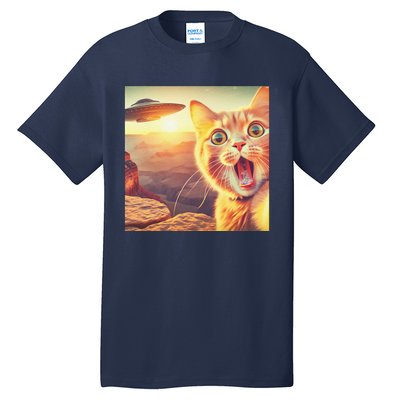 Extraterrestrial Encounter Funny Cat Selfie With Ufo Tall T-Shirt