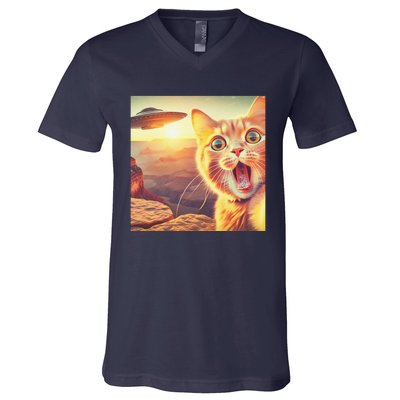 Extraterrestrial Encounter Funny Cat Selfie With Ufo V-Neck T-Shirt