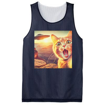 Extraterrestrial Encounter Funny Cat Selfie With Ufo Mesh Reversible Basketball Jersey Tank