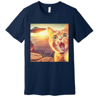 Extraterrestrial Encounter Funny Cat Selfie With Ufo Premium T-Shirt