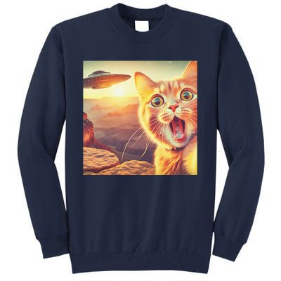 Extraterrestrial Encounter Funny Cat Selfie With Ufo Tall Sweatshirt