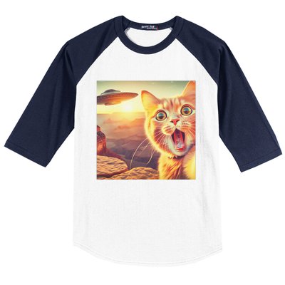 Extraterrestrial Encounter Funny Cat Selfie With Ufo Baseball Sleeve Shirt