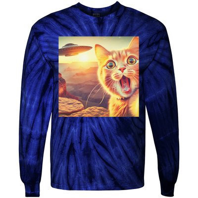 Extraterrestrial Encounter Funny Cat Selfie With Ufo Tie-Dye Long Sleeve Shirt