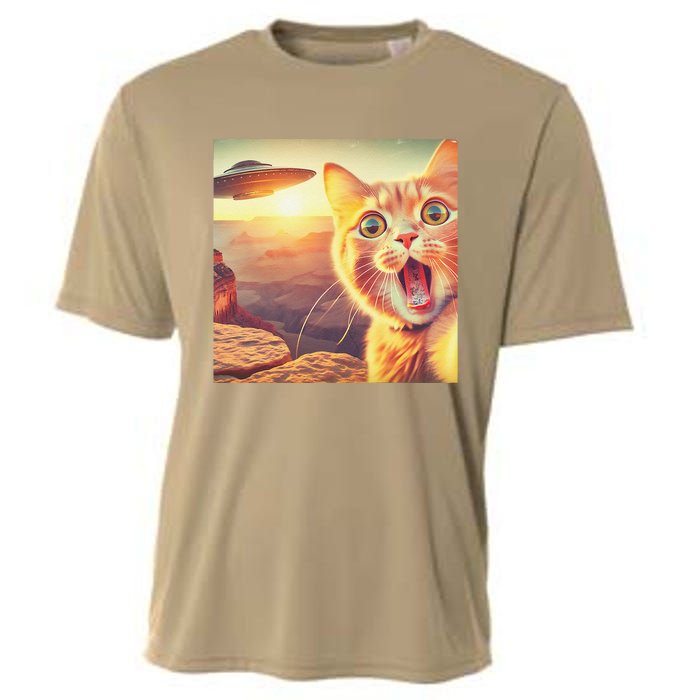 Extraterrestrial Encounter Funny Cat Selfie With Ufo Cooling Performance Crew T-Shirt