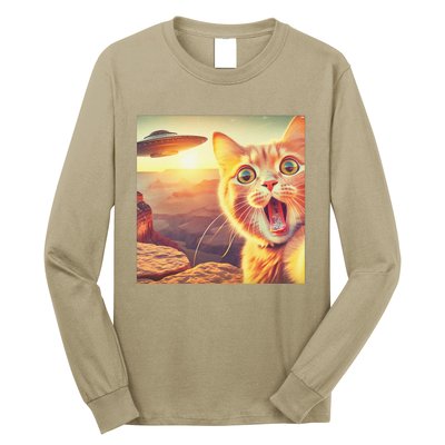 Extraterrestrial Encounter Funny Cat Selfie With Ufo Long Sleeve Shirt