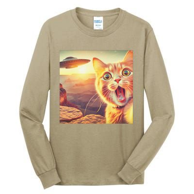 Extraterrestrial Encounter Funny Cat Selfie With Ufo Tall Long Sleeve T-Shirt