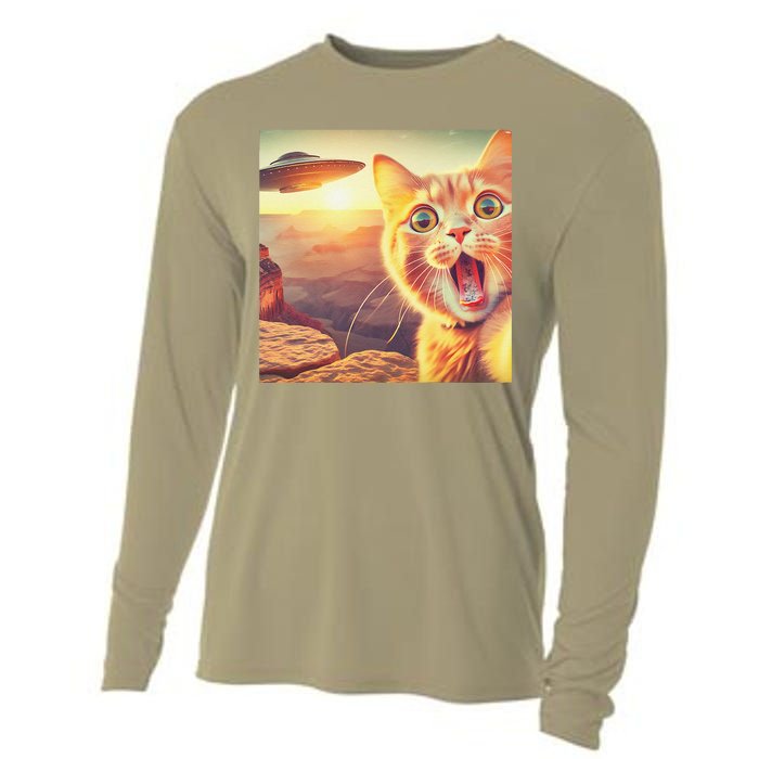 Extraterrestrial Encounter Funny Cat Selfie With Ufo Cooling Performance Long Sleeve Crew