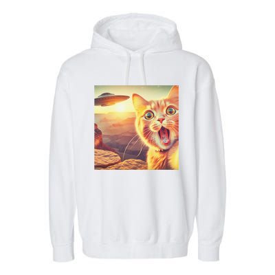 Extraterrestrial Encounter Funny Cat Selfie With Ufo Garment-Dyed Fleece Hoodie