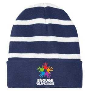 Enough End Gun Violence Protect Our Children Handprint Striped Beanie with Solid Band