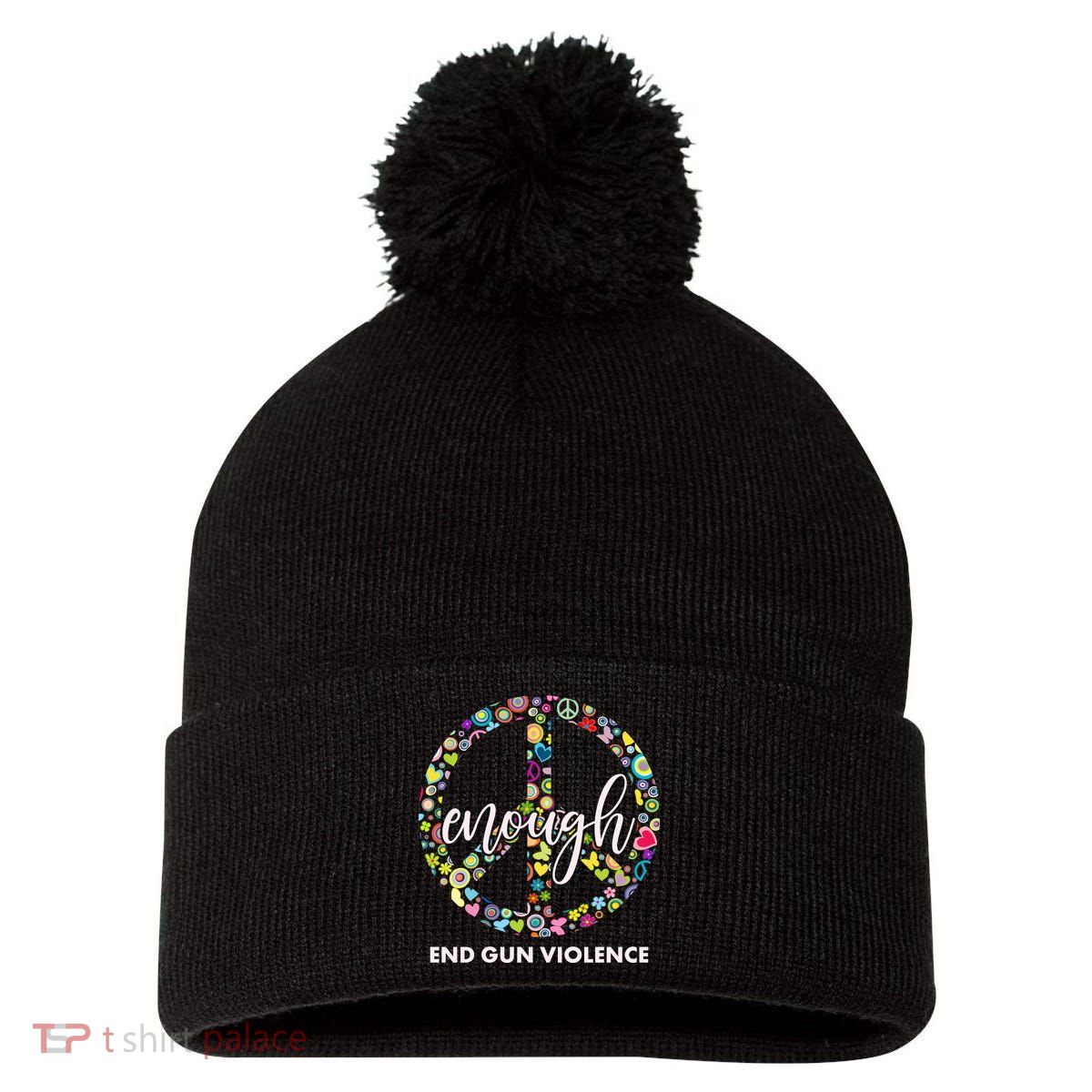 Enough End Gun Violence Peace Sign Pom Pom 12in Knit Beanie