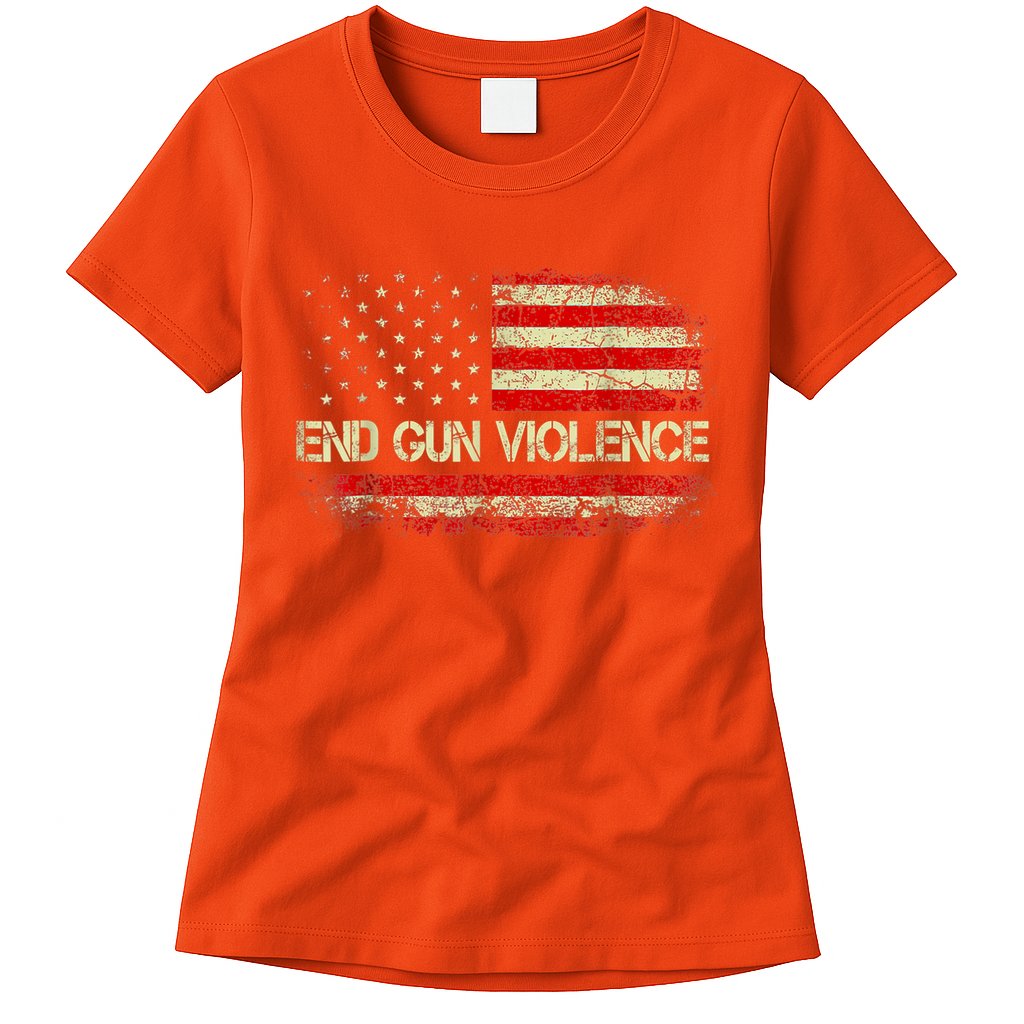 Enough End Gun Violence Awareness Day Wear Orange Vintage America Flag Womens T-Shirt