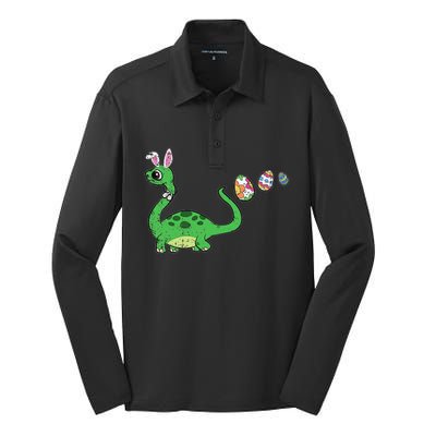 Easter Egg Hunting Brontosaurus Spring Silk Touch Performance Long Sleeve Polo