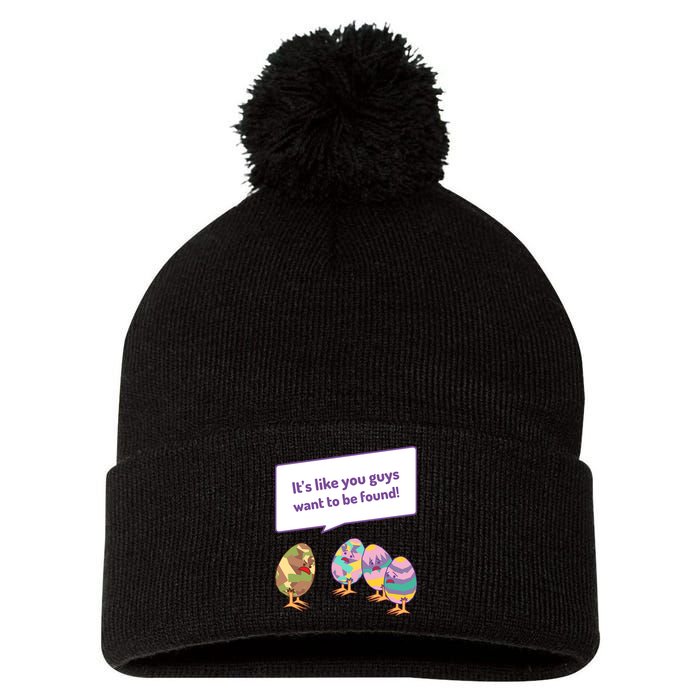 Easter Egg Hunt Funny Camo Eggs Want To Be Found Pom Pom 12in Knit Beanie
