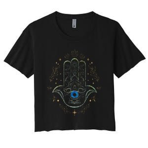 Evil Eye Hamsa Hand Nazar Amulet Protection Celestial Yoga Women's Crop Top Tee