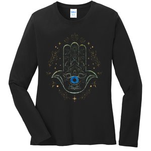 Evil Eye Hamsa Hand Nazar Amulet Protection Celestial Yoga Ladies Long Sleeve Shirt